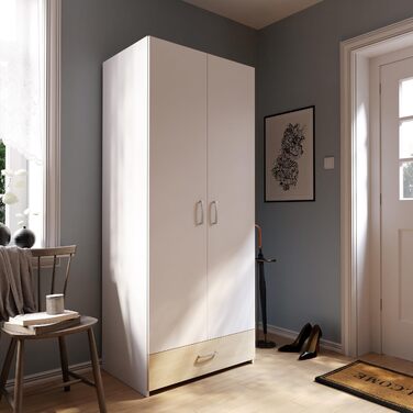 Шафа 80, Класична шафа з двома дверима на петлях та полицею, інженерна деревина, білий/декор дуба Пуччіні, ширина 79,7 см, висота 190,5 см, глибина 54,4 см, білий/коричневий