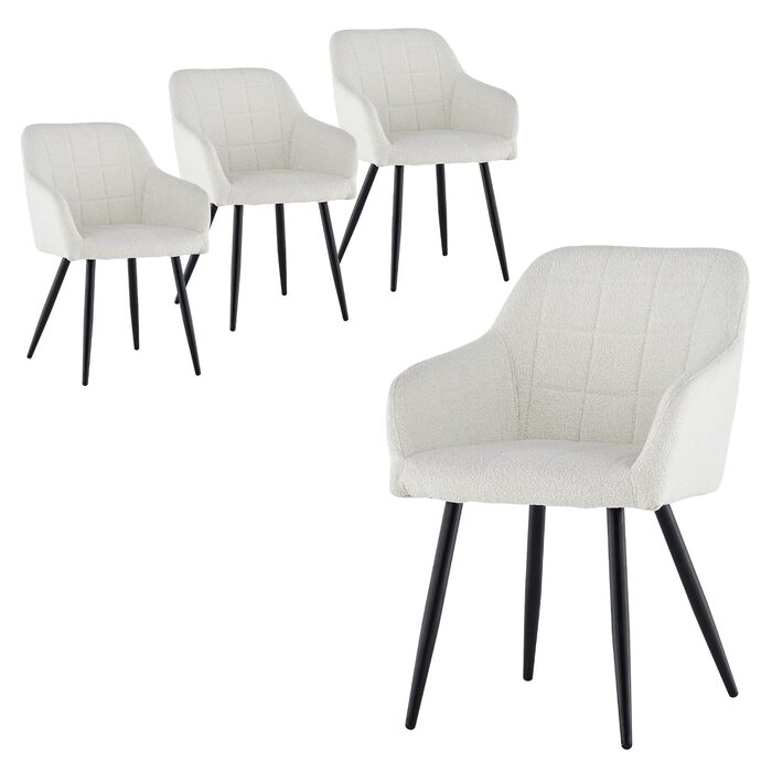 Обідні стільці CLIPOP, Комплект з 4 предметів, Крісла, Сидіння Teddy Boucle Beige, М&39які стільці для їдальні, кухні, вітальні (4, Boucle Beige) Комплект з 4 предметів Boucle Fog White