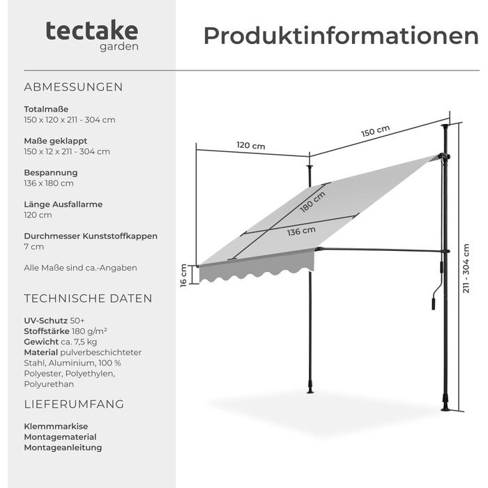 Маркиза tectake з кріпленням та ручним приводом, балконна маркізка без свердління, регульована по висоті, стійка до ультрафіолету, водовідштовхувальна, навіс для патіо, сонцезахист для патіо та балкону, ширина 150 см - світло-сірий