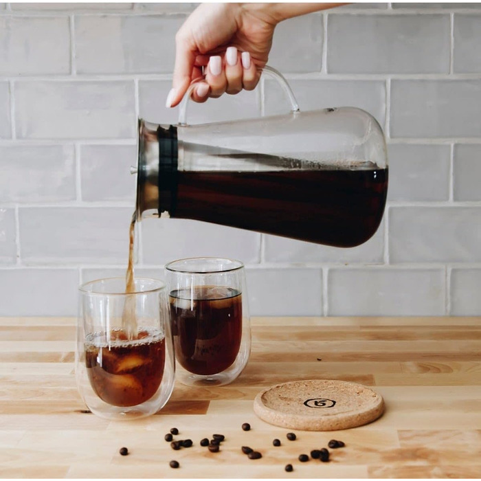 Кавоварка 3-в-1 buntfink MultiPitcher для холодного заварювання кави Графин скляний 1,5 л Графин для води з кришкою з нержавіючої сталі Кавоварка для холодного заварювання кави та чаю Без пластику