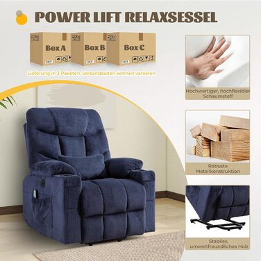 Електричне підйомне крісло, крісло-реклайнер з вібраційним масажем та функцією підігріву, зручне для людей похилого віку крісло для телевізора з безступінчастим регулюванням, пульт дистанційного керування, порт USB та Type-C, 3 положення (синє)