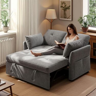 Диван-ліжко 3-в-1 з 5-позиційною регульованою спинкою, розкладний диван з 2 подушками та 2 боковими кишенями, сірий лляний 2-місний диван для гостьових кімнат та невеликих приміщень 167 x 137 см сірого кольору