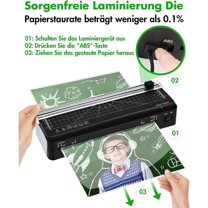 Ламінатор A4, швидкий прогрів за 70 секунд, вбудований різак, ламінатор з технологією NTC з 10 ламінувальними пакетами для A4/A5/A6, для офісу, дому та школи