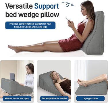 Подушка для читання Daneey для дорослих, подушка для спини дивана, пінопластова клиноподібна подушка для шиї, поперекового відділу хребта, спини, сіра, 50,8 x 22,9 x 55,9 см, поліестер, 20 * 9 * 22 дюйми, сірий