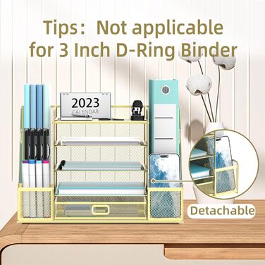 Настільний органайзер SUPEASY Grid з тримачем для файлів, 5-шаровий лоток для паперу та листів з тримачем для журналів, настільний органайзер та місце для зберігання з шухлядою, золотистий