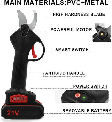 Електричні садові ножиці, бездротові, 25 мм, з 2 батареями (21 В), працюють від акумулятора, для садівництва, фруктових дерев та виноградників