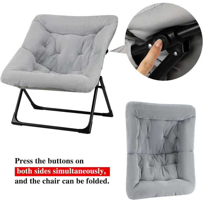 Розкладне крісло-блюдце, зручне крісло зі штучним хутром, розкладне крісло для відпочинку для підлітків та дорослих, великі крісла для читання у вітальні, спальні, гуртожитку, сірий