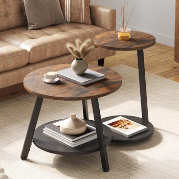Комплект із 2 круглих журнальних столиків, столи для вітальні з місцем для зберігання, штабелювані приставні столики з дерев&39яною стільницею та металевим каркасом, С-подібні приставні столики, журнальні столики для вітальні, рустикальний коричневий