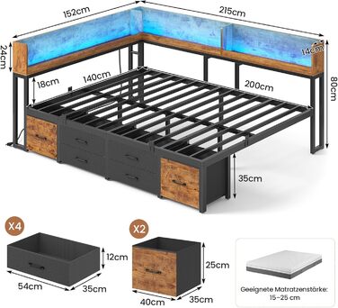 Ліжко 140x200 з місцем для зберігання речей, диван-ліжко з вбудованою книжковою полицею та 6 шухлядами, дитяче ліжко зі світлодіодним освітленням та зарядною станцією, гостьове ліжко, кушетка, каркас ліжка з рейковою основою (вінтажний коричневий, 140x200