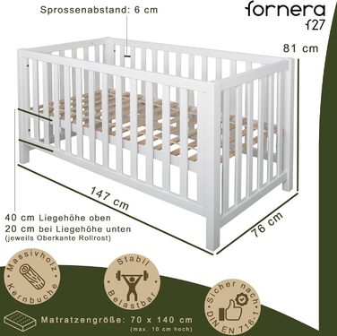 Дитяче ліжко з масиву дерева/для малюків, дитяче ліжко з масиву дерева для хлопчиків та дівчаток, з високоякісною рейковою основою, регульована висота зі знімними рейками, 70x140 см (біле (лаковане), 140 x 70 см) Біле (лаковане) 140 x 70 см, 27