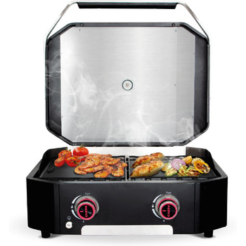 Гриль з кришкою, 2 конфорки, потужність 6.4 кВт, Електронне запалювання, LED освітлення, Нержавіюча сталь G-600 з порошковим покриттям, 600