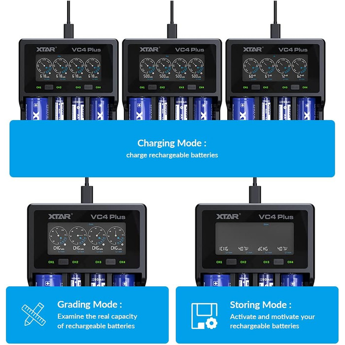 Зарядний пристрій XTAR VC4 Plus з адаптером QC3.0, одночасна зарядка літій-іонних та нікель-металгідридних акумуляторів, швидкий зарядний пристрій 3A, зарядний пристрій на 4 акумулятори VC4 PLUS