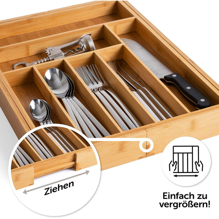 Лоток для столових приборів Blumtal з бамбука - Роздільник для кухонних приборів з регулюванням розміру - Органайзер для столових