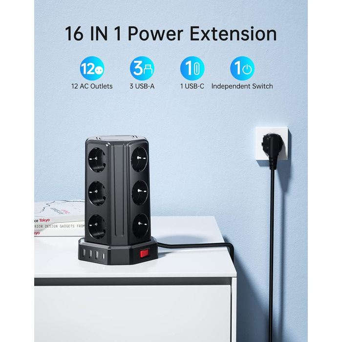 Шляхова розетка на 4000 Вт 16 А з подовжувачем 5 м, 3 розетки USB A і 1 розетка USB C із захистом від перенапруги, розетка для дом