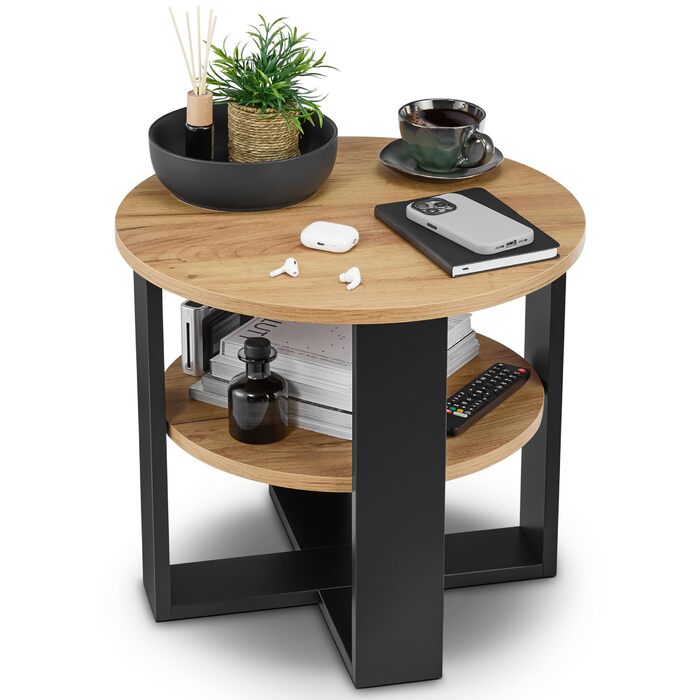 Круглий дубовий журнальний столик Ø53 см - Невеликий журнальний столик з полицею - 2 яруси, круглий сучасний журнальний столик в промисловому дизайні - Зроблено в ЄС Чорний та дубовий Діаметр 53 см