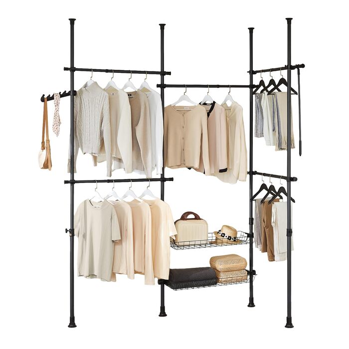 Телескопічна вішалка для одягу SoBuy, міцна вішалка для одягу, регульована відкрита шафа з кошиками для зберігання для спальні, вішалка для одягу, чорна KLS04-II-SCH