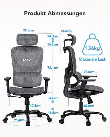 Ергономічне сітчасте офісне крісло HUANUO, стілець з високою спинкою та регульованою поперековою опорою, підлокітники, функція нахилу, сітчасте ігрове крісло для комп&39ютера