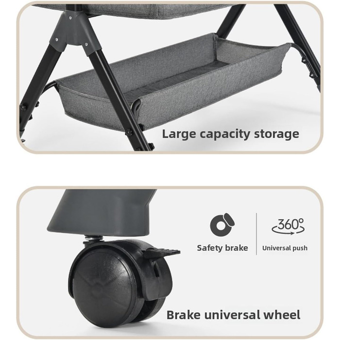 Портативна тумбочка, регульована по висоті, з кошиком для зберігання з москітної сітки, сіро-чорна (хакі)