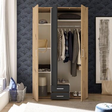 Шафа MARBURG кольору Імітація дуба ремісника, колір Графіт - Універсальна 3-дверна шафа для вашої спальні - 120 x 196 x 54 см (Ш/В/Г) 3-дверна, колір Дуб ремісника / колір Графіт