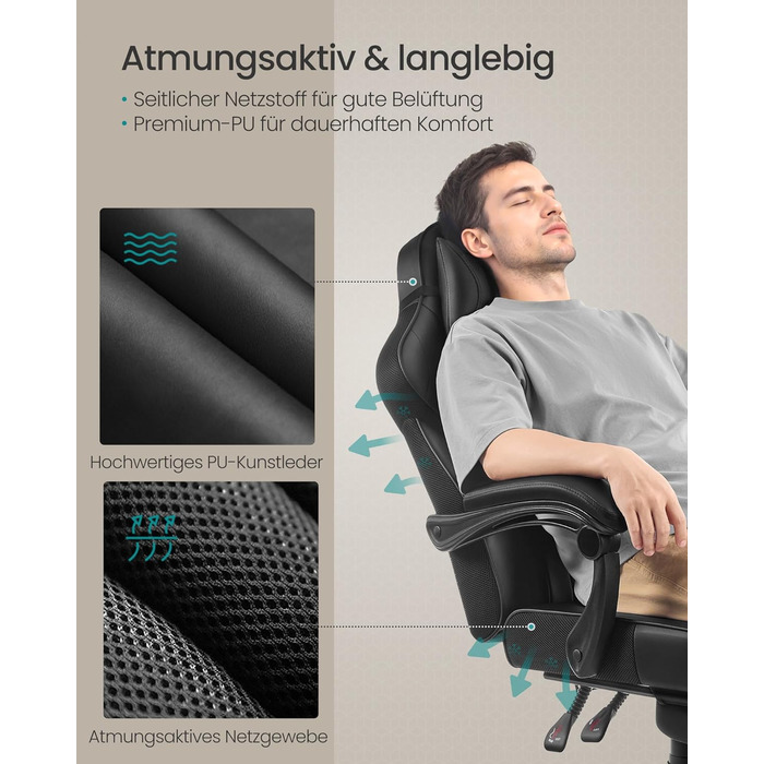 Ігрове крісло SONGMICS, офісне крісло з підставкою для ніг, робоче крісло з підголівником та поперековою опорою, регульована висота, ергономічне, вантажопідйомність до 150 кг, чорний колір OBG073B05 Колір чорнила чорний