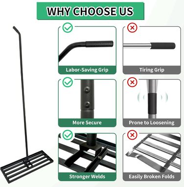 Гребінь для газону Rasen Rakel 75x25 см, міцний вирівнюючий грабель з ергономічною вигнутою ручкою (185 см), ідеально підходить для ґрунту, щебеню, добрив, саду, подвір'я та гольф-поля