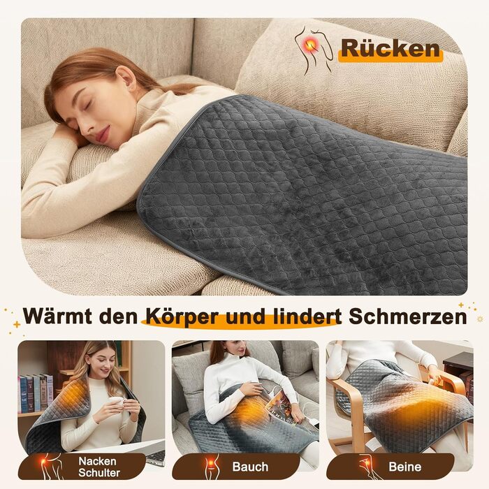 Грілка XXXL з автоматичним вимкненням (80 x 60 см), електрична грілка з 6 температурними режимами та 4 таймерами для спини, плечей, живота, ніг, швидкий нагрів, можна прати в пральній машині 6080 см