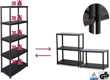 Суперпропозиція Пластиковий стелаж з 5 полицями та вантажопідйомністю 30 кг на полицю (загалом 150 кг), який можна розділити на полиці 32 завдяки модульній конструкції, а також додатковим кришкам та ніжкам.