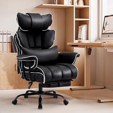 Ігрове крісло, Ергономічне офісне крісло, Крісло керівника зі штучної шкіри, Вантажопідйомність 200 кг з підставкою для ніг та поперековою опорою, Крісло для домашнього офісу, Регульоване крісло з високою спинкою, Обертове крісло (Чорне)