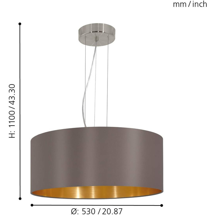 Підвісний світильник EGLO Maserlo, підвісний світильник з текстилю 3 полум'я, підвісний світильник з металу срібла з абажуром у кольорі капучино та золото, цоколь E27, підвісний світильник Ø 53 см, Ø 530 мм