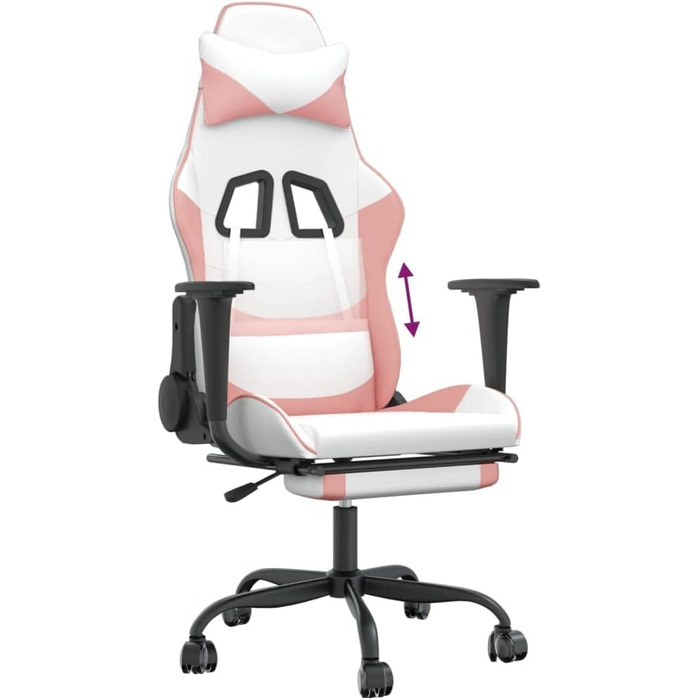 Геймерське крісло з підставкою для ніг, біла та рожева штучна шкіра, регульована спинка та висота, поворот на 360 градусів, міцний металевий каркас, ергономічний комфорт, довговічний