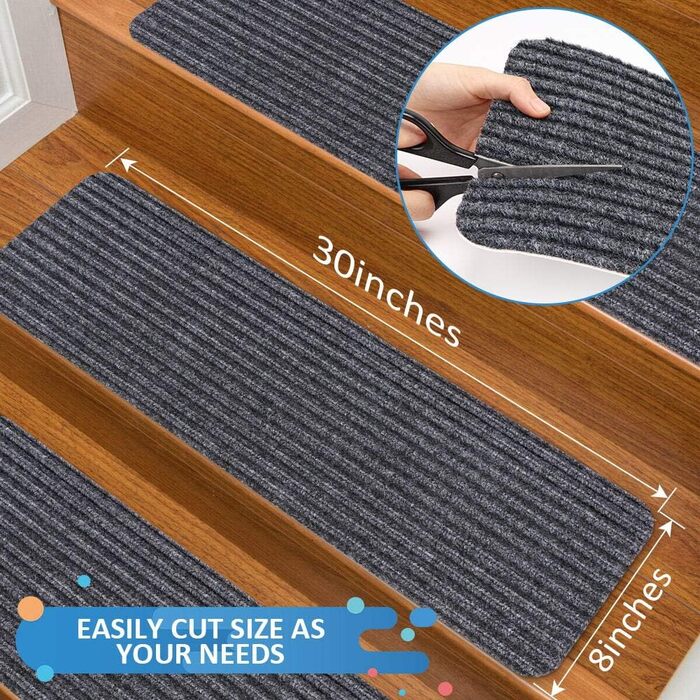Килимок для сходів RIOLAND, нековзкий, для використання всередині приміщень, для дерев&39яних сходів, килимки для сходів для дітей та собак, 15 шт. , 20,3 x 76,2 см, сірий