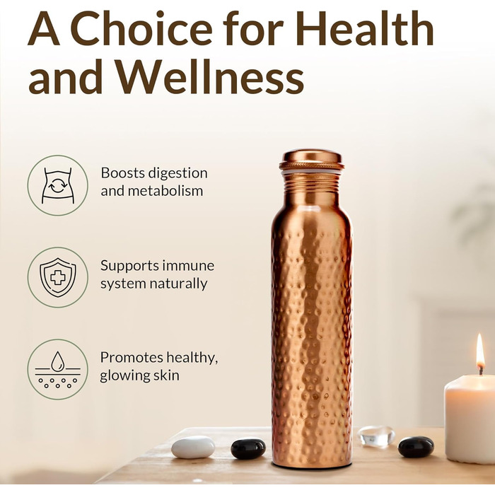 Пляшка для води CLEO HOME (950 мл/32 унції) ручної роботи, кувана, зі 100 аюрведичної міді, зі щіткою для чищення та лляним чохлом Перевірена в лабораторії, герметична пляшка, класична