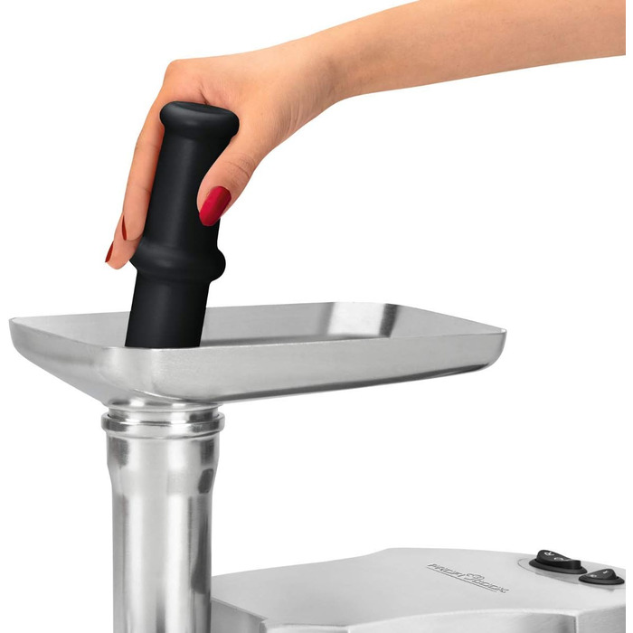 Електрична м'ясорубка Profi Cook PC-FW 1172, 1800 Вт, для м'яса, ковбас та печива, 2 кг/хв, з насадками для ковбас, кеббе та 3 сталевими дисками, нержавіюча сталь, срібляста