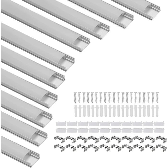 Світлодіодний алюмінієвий профіль Tubiaz, V-подібний світлодіодний профіль 10x1 м, профіль світлодіодної алюмінієвої стрічки, світлодіодні канали для світлодіодних стрічок (шириною до 11 мм) в т.ч. кришки молочно-білого кольору, торцеві кришки та монтажни