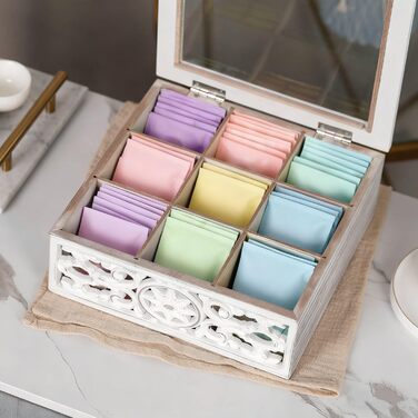 Вінтажна чайна коробка - Дерев&39яна коробка для зберігання чайних пакетиків - Коробка для чайних пакетиків з оглядовим віконцем - Чайний ящик з 9 відділеннями - Колір &quotшеббі-білий&quot