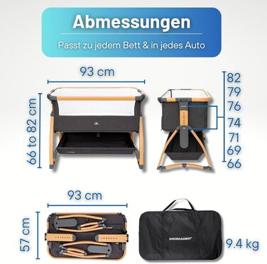 Дитяче ліжечко DROMADER 3-в-1 - Дитяче ліжечко, шезлонг, дорожнє ліжечко з матрацом, 0-6 місяців, макс. 9 кг - Колиска з 7 регулюваннями висоти, функція гойдання, дихаюча сітка - сумка для перенесення