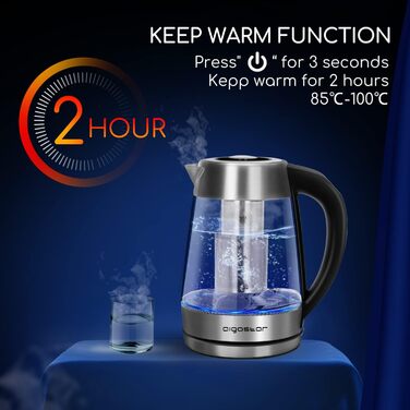 Скляний чайник Aigostar з регулюванням температури 1,7 л, чайник 2-в-1 з ситечком з нержавіючої сталі, вибір температури 60-100C,