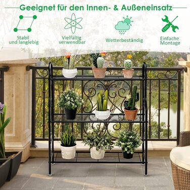 Рівнева металева підставка для рослин, полиця для рослин, стійка для квітів, вантажопідйомність до 35 кг, лавка для квітів для саду, балкону, для використання в приміщенні/на вулиці, чорна, 72 x 25 x 85 см, тип полиці 2, 3-