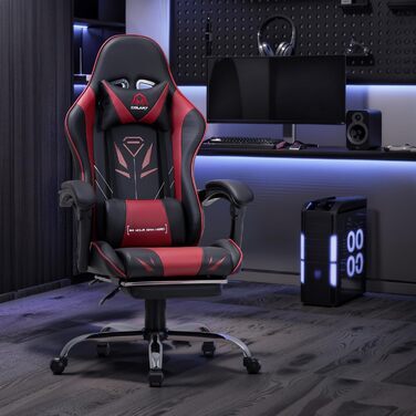 Ігрове крісло COLAMY, комп&39ютерне крісло з підставкою для ніг та поперековою опорою, регульоване по висоті ігрове крісло з поворотним на 360 сидінням та підголівником, крісло для відеогеймерів, ергономічна висока спинка, червоне сучасне