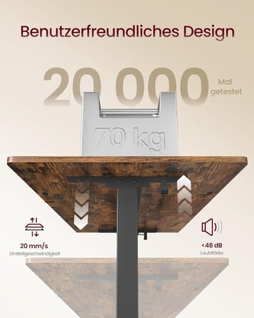 Письмовий стіл з регульованою висотою, 140 x 70 см, гнучка підставка для монітора, шухляда, порт USB-C, нагадування про тривале сидіння, для офісу, вінтажний коричневий LSD154KD01 140 x 70 см вінтажний коричневий