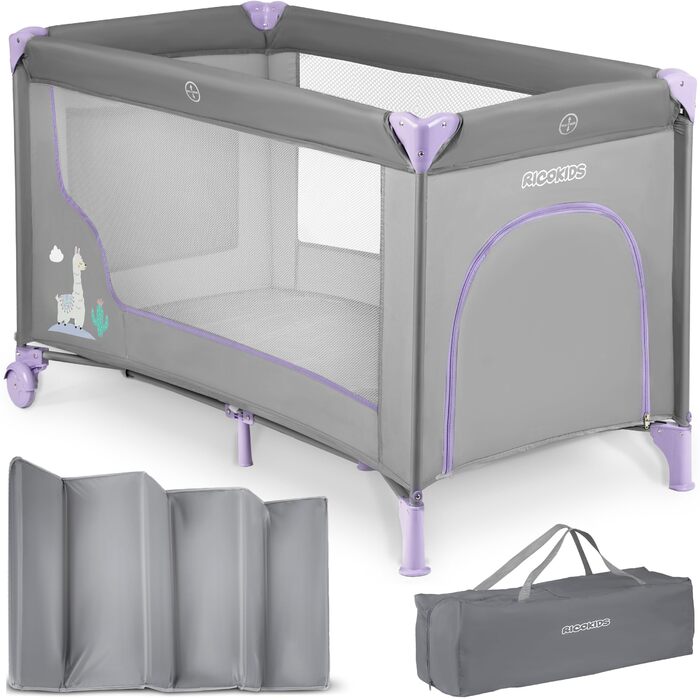 Дитяче ліжечко Ricokids з матрацом 125 x 65 x 78 см, дорожнє ліжечко, вагою до 15 кг, 2 колеса з гальмами, знімний бічний вхід, сумка для перенесення, складна, компактна, світло-сіра, лавандова
