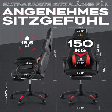 Ергономічне ігрове крісло BARBERIO, офісне крісло, вантажопідйомність 150 кг, повітропроникна сітка, з підставкою для ніг, регульовані підлокітники, сидіння 54 см, поворот на 360, подушка для поперекової підтримки, регульована висота (чорно-червоне)