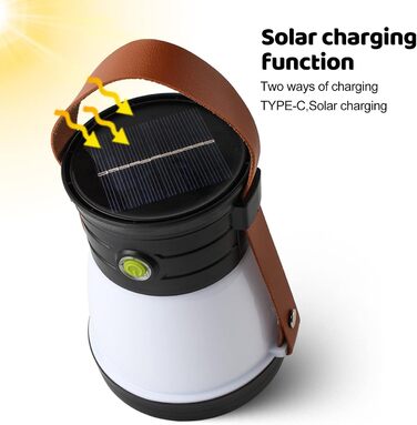 Світлодіодний сонячний кемпінговий ліхтар, USB-акумуляторний кемпінговий ліхтар з акумулятором 1200 мАг, 5 світлодіодних режимів освітлення, кемпінговий ліхтар з функцією ліхтарика та портативним зарядним пристроєм, водонепроникний кемпінговий ліхтар IP65