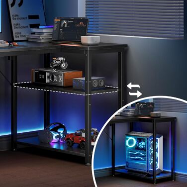 Ігровий стіл Coleshome, кутовий стіл 100x70 см з двосторонньою полицею для зберігання, компактний L-подібний стіл, підходить для ігрових столів у сімейних куточках, чорний 100x70 см