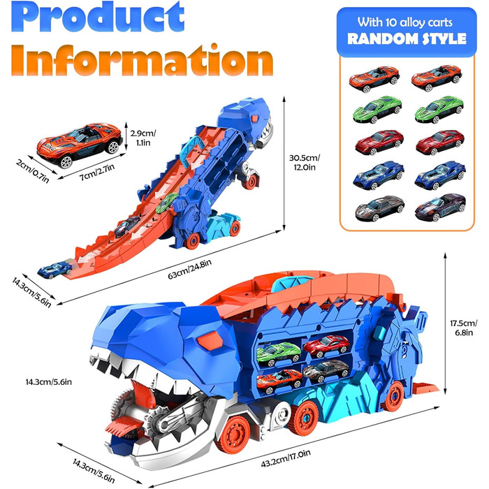 Транспортна вантажівка іграшкові машини з 10 гоночними автомобілями, портативний динозавр вантажівка іграшковий автомобіль, для хлопчиків у віці 3, 4, 5, 6 років діти хлопчики подарунок вантажівка динозавр