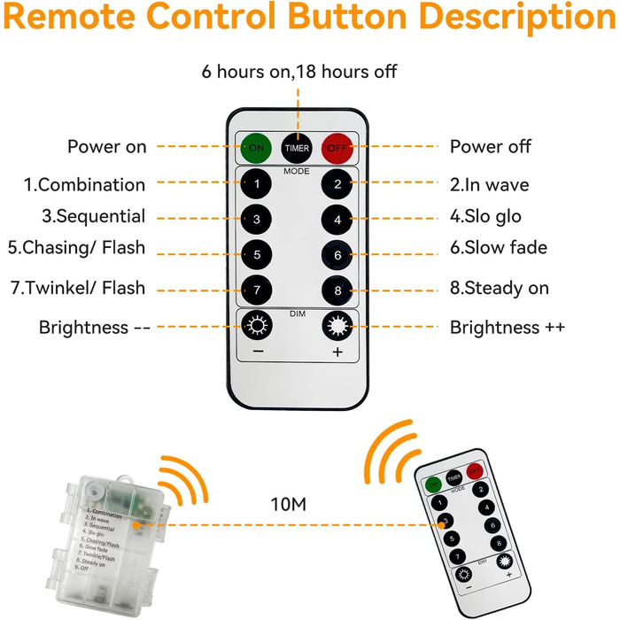 Світлодіодна батарея казкових вогнів з пультом дистанційного керування, 10M 100LED акумуляторна батарея з таймером 8 режимів IP65
