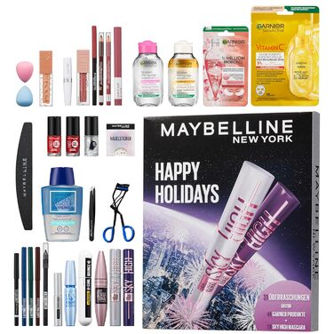 Різдвяний календар Maybelline New York на 2025 рік із 31 дверима на весь грудень, 26 повнорозмірними продуктами та 5 подарунками, включаючи 2 туші Sky High Mascara 4 продукти Garnier Skincare.
