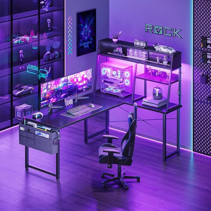 Г-подібний ігровий стіл Coleshome зі світлодіодним підсвічуванням, 130x100 см, кутовий стіл з полицями та кишенями для зберігання, двосторонній ігровий стіл для домашнього офісу та геймерів, чорний