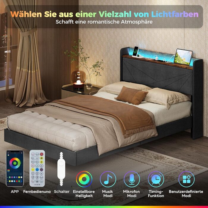 М&39яке ліжко IRONCK 120x200 см, Ліжко 120x200 зі світлодіодним освітленням та зарядною станцією (2 розетки змінного струму, порти USBType-C), Каркас ліжка з місцем для зберігання, Плаваюче односпальне ліжко з рейковою основою, Льняне, Сірий 120 x 200 см