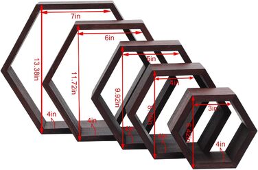 Шестигранні плаваючі полиці, настінні дерев&39яні стільникові настінні полиці для зберігання у фермерському стилі з 5 шт. , для ванної кімнати, кухні, спальні, вітальні, офісу, оздоблення з коряги (горіх) шестигранний волоський горіх